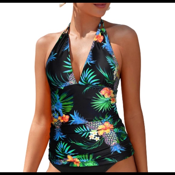 Double strap Tie neck tropical pineapple print tankini XXL - Picture 3 of 4
